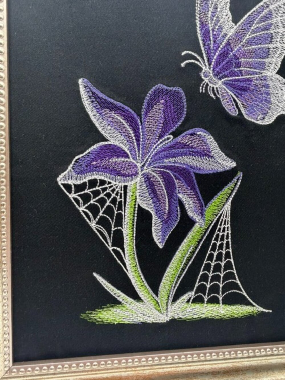 Homemade Purple & Green Butterfly & Flower 8X10 Framed Embroidery Art - Picture 4 of 6